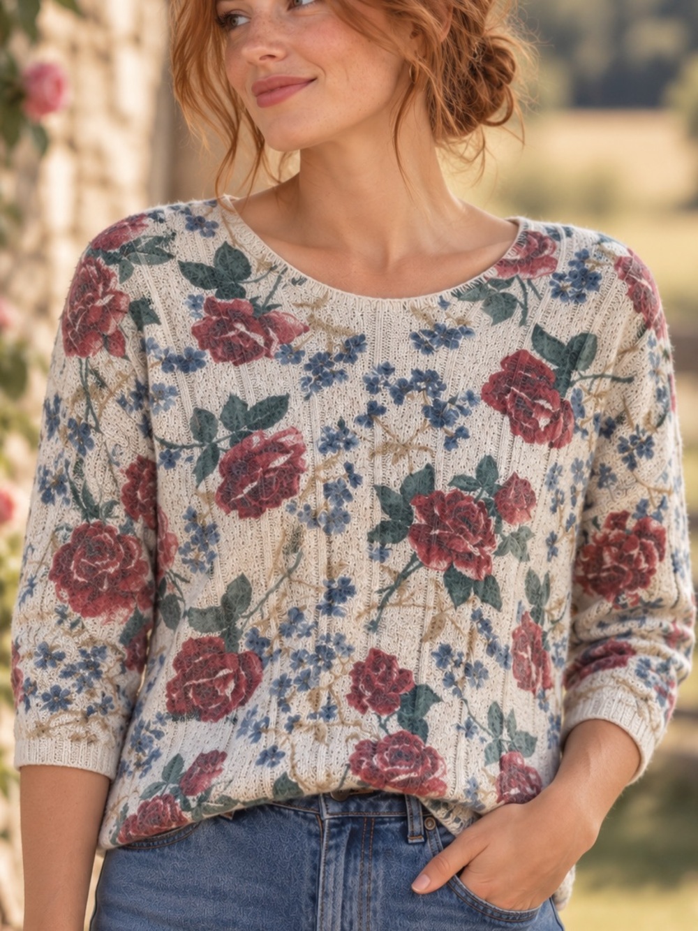 Vintage Cottagecore Sz M Cotton English Roses Floral Sweater Scoop Neck 90’s
